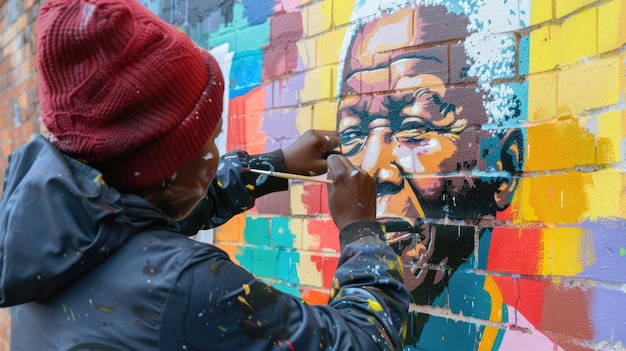 Community art Vibrant mural painting featuring Nelson Mandelas portrait honoring service on International Mandela Day