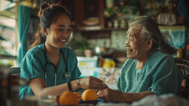 Foto concetto di assistenza comunitaria un'infermiera asiatica amichevole che dà medicine a una donna anziana a casa