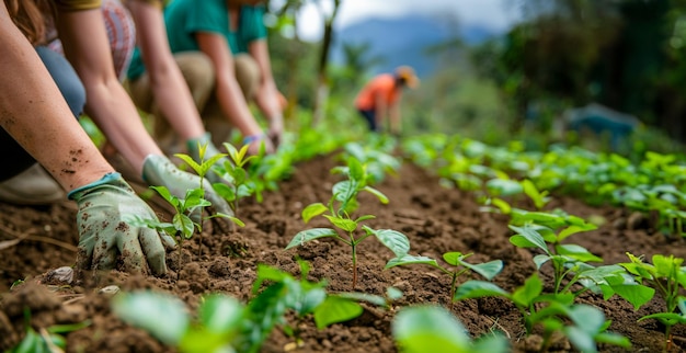 Community garden teamwork planting young seedlings in fertile soil