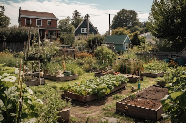 Community garden with tools plants and supplies visible created with generative ai