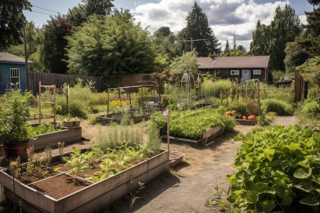 Community garden with tools plants and supplies visible created with generative ai