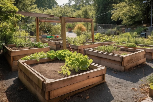 Photo community kitchen garden raised garden beds with plants in vegetable community garden