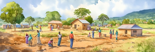 Photo community members working together in a rural village setting under a clear sky