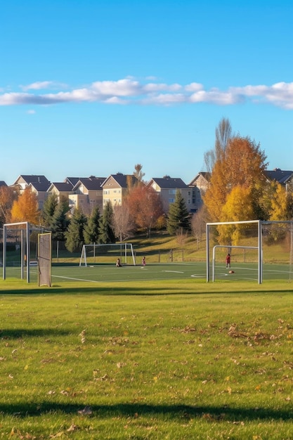 Foto community sportveld met voetbaldoelen gemaakt met generatieve ai