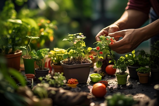 Community vegetable garden Balcony urban gardening bio cultivation Farmer holding fresh young plant Planting vegetables and herbs