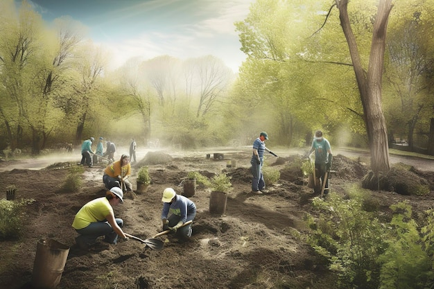 Community volunteers engage in planting young trees in a green sunlit park