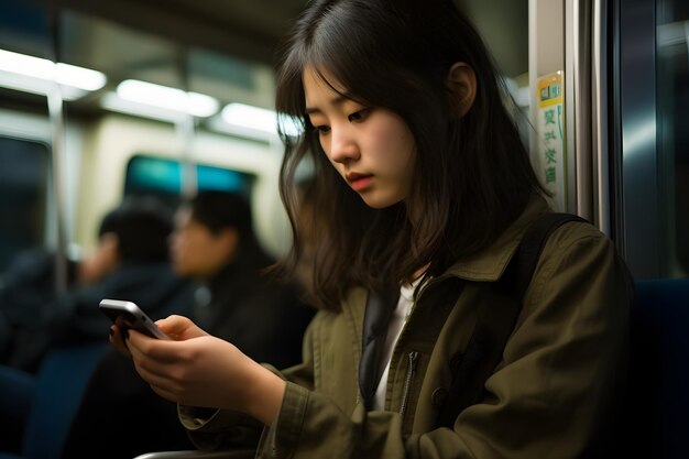 Commute Connection Vrouw verslaafd aan smartphone terwijl ze met de trein door het stadsbeeld rijdt Generative AI