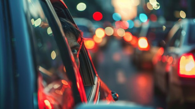 A commuter peering out of a car window with frustration trapped in slowmoving traffic