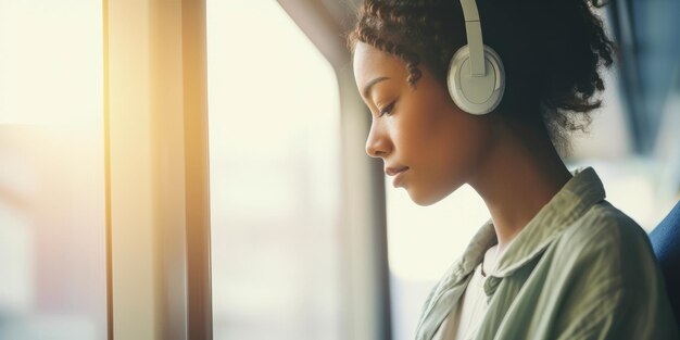 Photo a commuter young woman wearing headphones and enjoying music