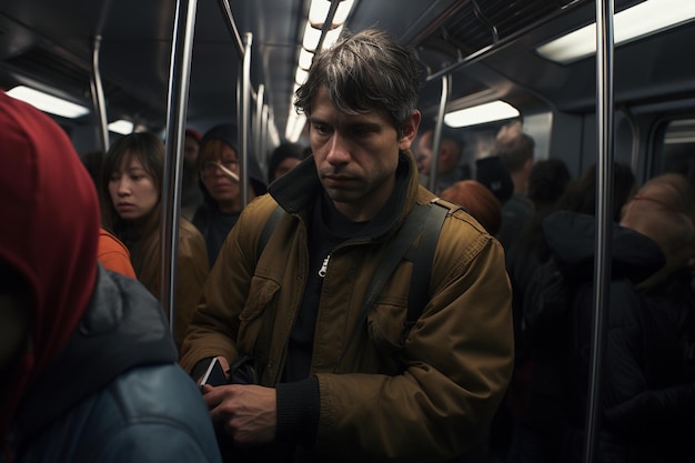 Commuters on a crowded subway train reflecting the 00152 01