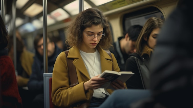 人工知能 (AI) によって作成された通勤中の地下鉄の列車に座って読書する通勤者