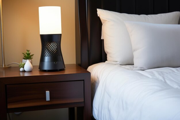 Compact air purifier on a nightstand with a lamp