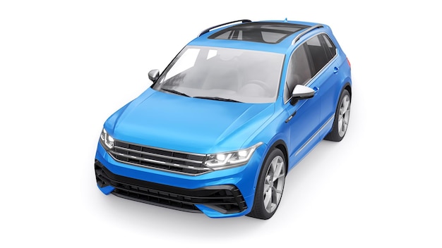 Compact blue sports city SUV for exciting driving for work and family on a white isolated background 3d rendering