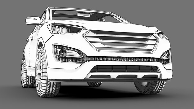 Compact city crossover white color on a gray background. Monochrome schematic image with shadows on the surface. 3d rendering.