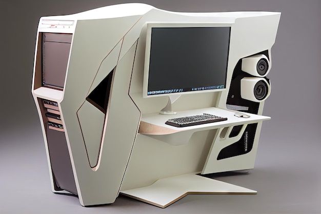 세련된 컴퓨터와 모니터가 장착된 소형 게임 데스크