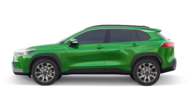 Compact green SUV with a hybrid engine and fourwheel drive for the city and suburban areas on a white isolated background 3d illustration