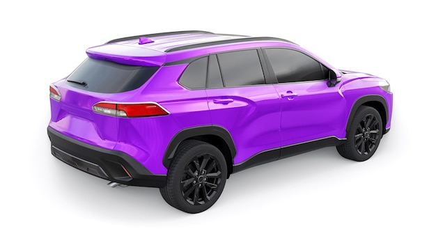 ハイブリッドエンジンと四輪駆動を備えたコンパクトな紫色のSUVで、白い孤立した背景の3dイラストに都市と郊外のエリアを表示します。