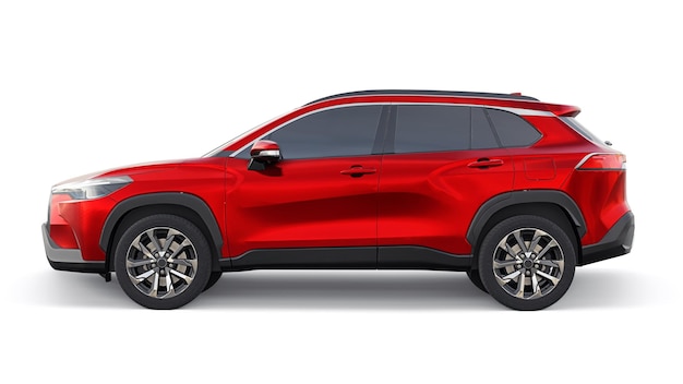 Compact red SUV with a hybrid engine and fourwheel drive for the city and suburban areas on a white isolated background 3d illustration
