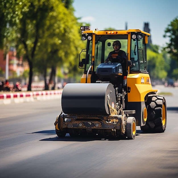 Photo compact road roller in action during asphalt paving process