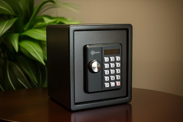 Compact safe with a digital keypad perfect for storing valuables in a bedroom or home office Generative AI