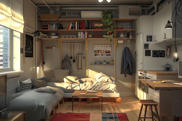 Compact studio apartment maximizing space with mul