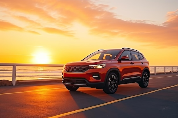 Compact SUV car on concrete road at the sea