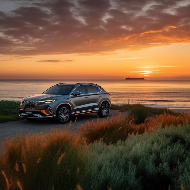 コンパクトなSUV車と現代的なデザインのコンクリートの道路で美しい夕暮れの背景の海で豪華な新しいSUV車のフロントビュー AI Generative