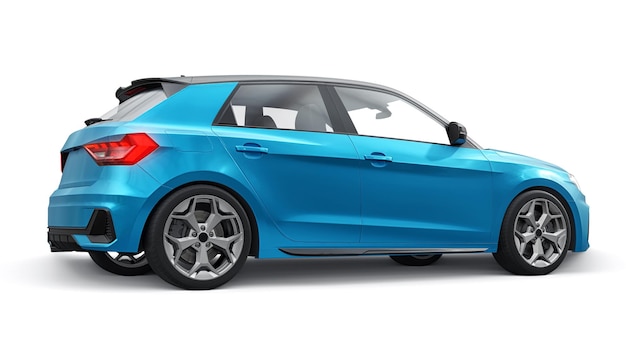 Compact urban premium car in a blue hatchback on a white isolated background 3d illustration