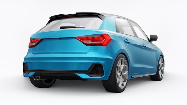 Compact urban premium car in a blue hatchback on a white isolated background 3d illustration