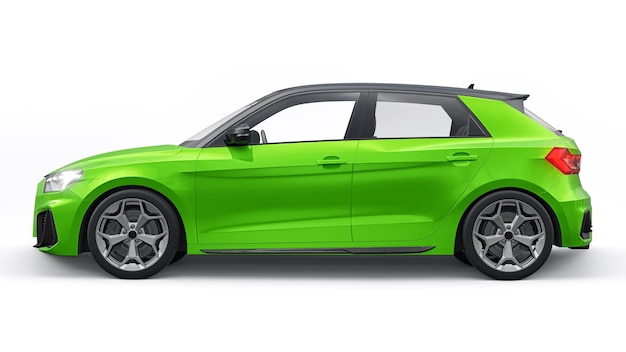 Auto premium urbana compatta in una berlina verde su uno sfondo bianco isolato illustrazione 3d