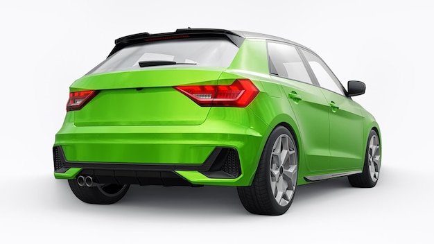 Compact urban premium car in a green hatchback on a white isolated background 3d illustration