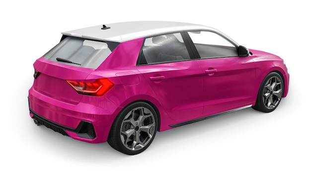 Compact urban premium car in a pink hatchback on a white isolated background 3d illustration