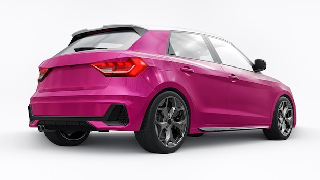 Compact urban premium car in a pink hatchback on a white isolated background 3d illustration