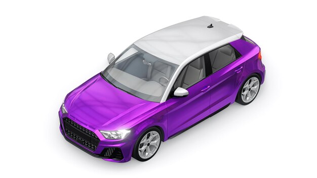 Compact urban premium car in a purple hatchback on a white isolated background 3d illustration