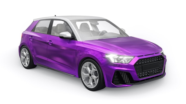 Compact urban premium car in a purple hatchback on a white isolated background 3d illustration