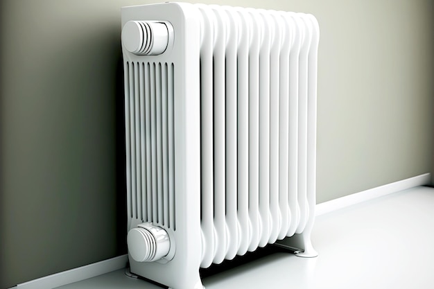 Compacte glanzend witte verwarmingsradiator tegen grijze muur