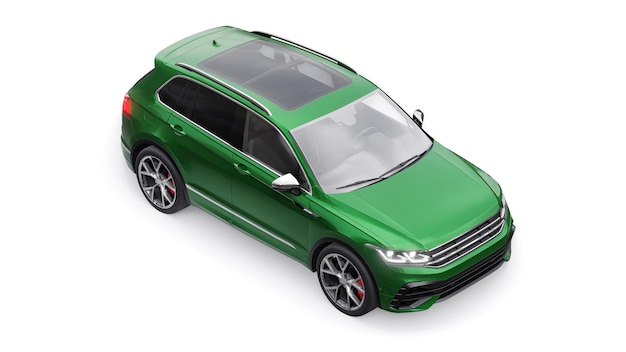 Compacte groene sportstad SUV voor opwindend rijden voor werk en gezin op een witte geïsoleerde achtergrond 3D-rendering