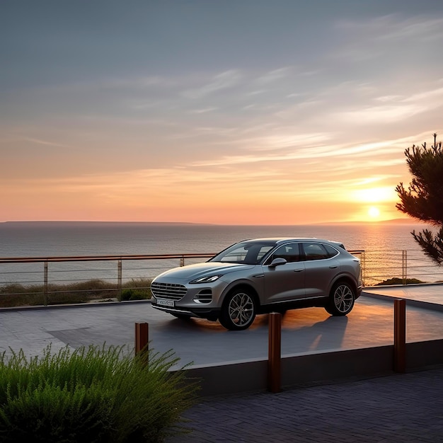 Compacte SUV-auto en modern design op betonweg aan zee met prachtige zonsondergangachtergrond Vooraanzicht van luxe nieuwe SUV-auto AI Generative