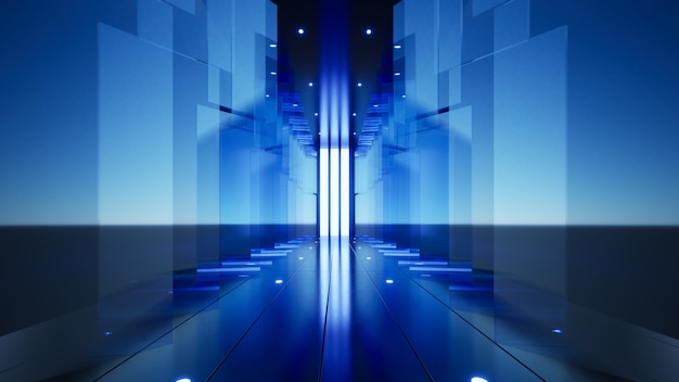 Company background blue glass panels along the extended corridor 3D illustration