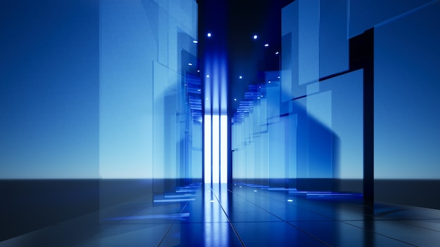 Company background blue glass panels along the extended corridor 3D illustration