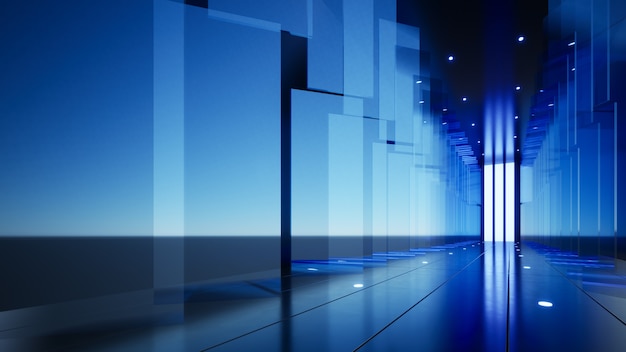 Company background blue glass panels along the extended corridor 3D illustration