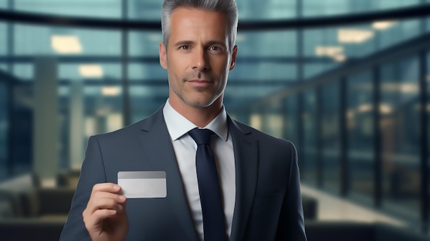 Photo company boss smiles while showcasing debit card looking at the camera