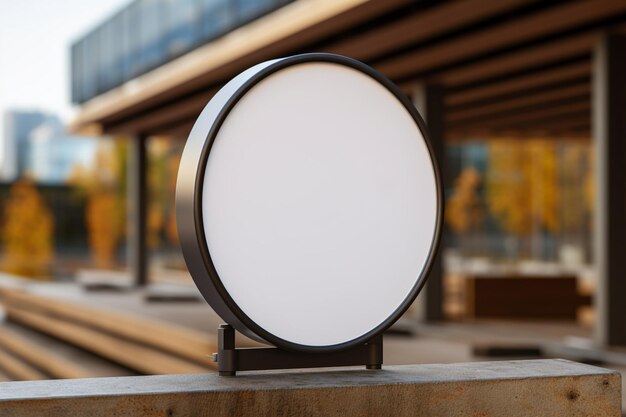 Company branding in focus with a round white sign mockup in a country city