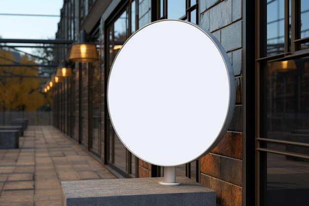 Company branding in focus with a round white sign mockup in a country city