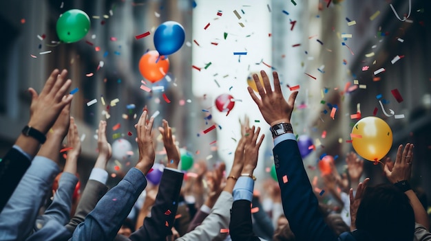 写真 カラフルな風船で会社のお祝いパーティー