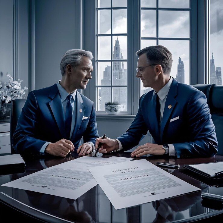 Company ceos talking over merger agreement while sitting at desk in office