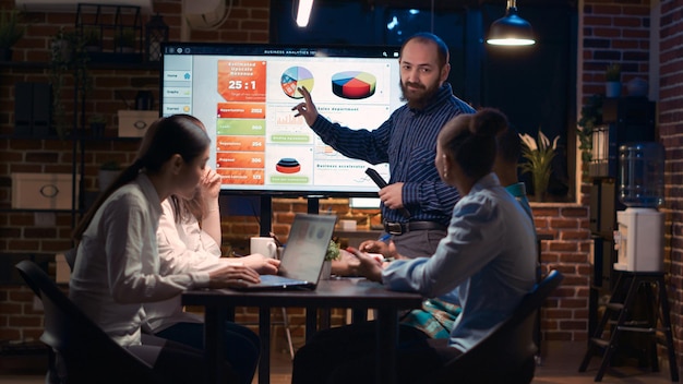 Company employee presenting analytics research in business meeting, showing statistics on digital board. Marketing revenue report presentation, diverse team planning sales strategy. Tripod shot.