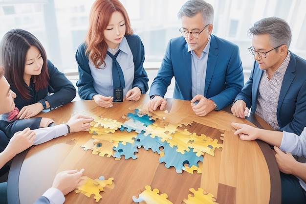 Company employees playing game and joining pieces of jigsaw puzzle during team building activity