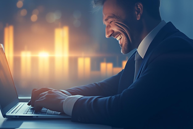 Photo company employees work happily in front of laptop