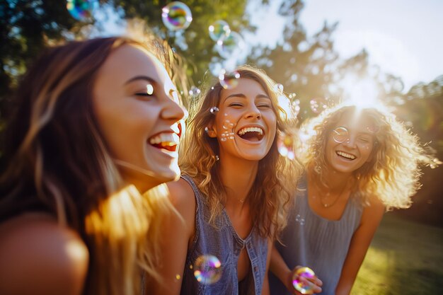 Photo company of laughing young women on the street with soap bubbles